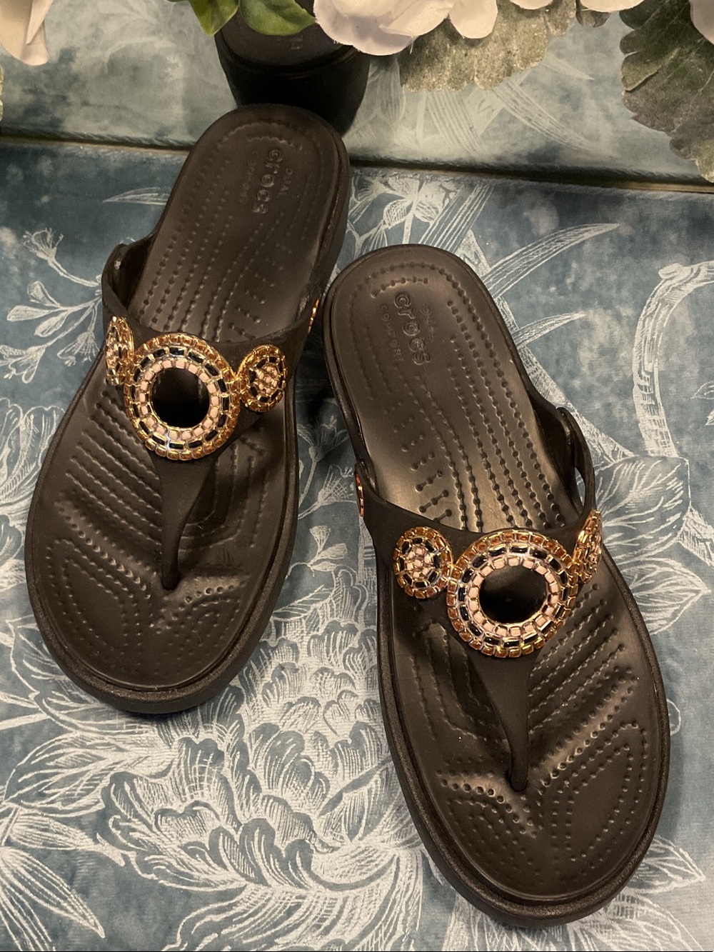 CROCS Black Jeweled Thong Sandals with Gold Accents
